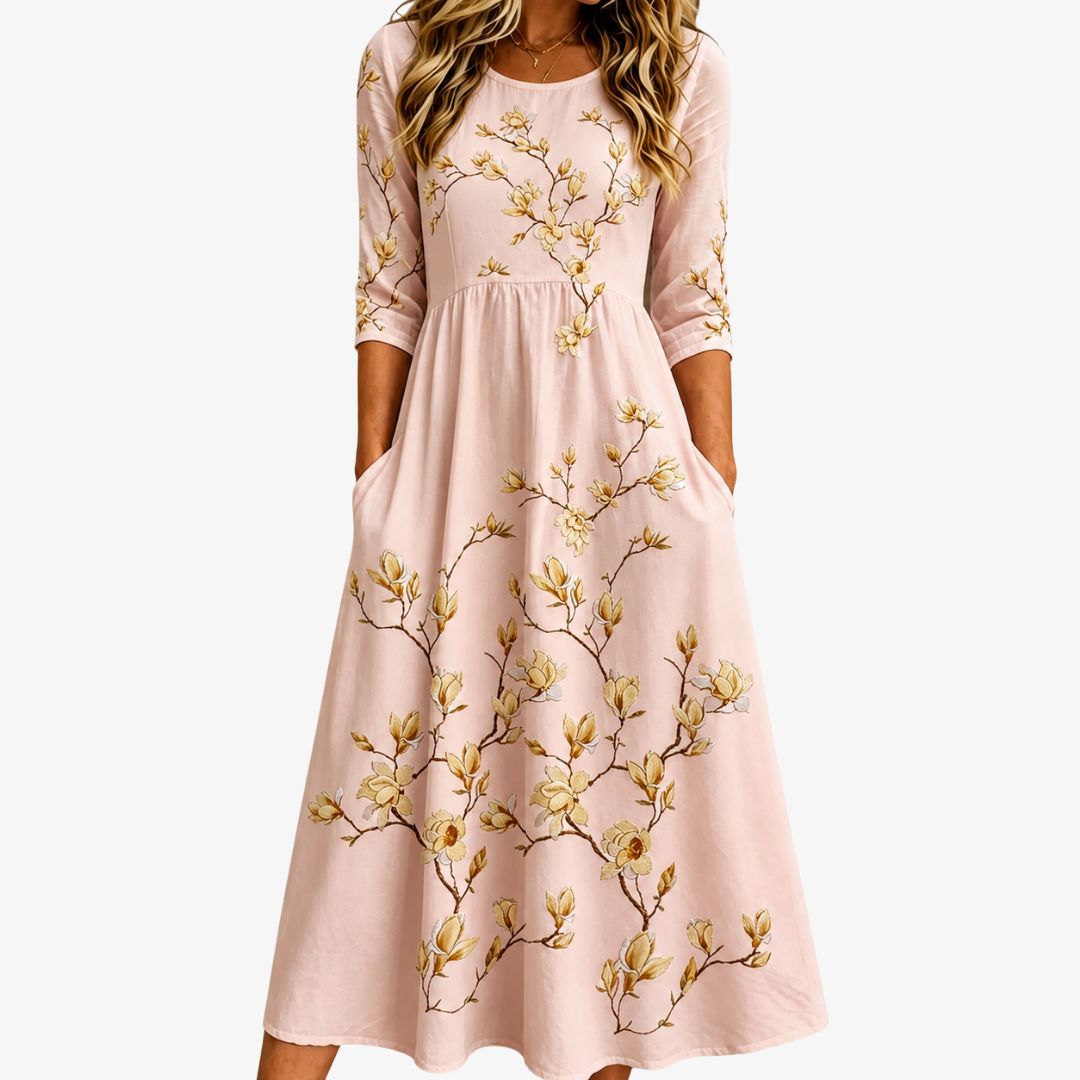 Aura Dorada Magnolia en Flor con Bolsillos Invisibles Vestido Midi