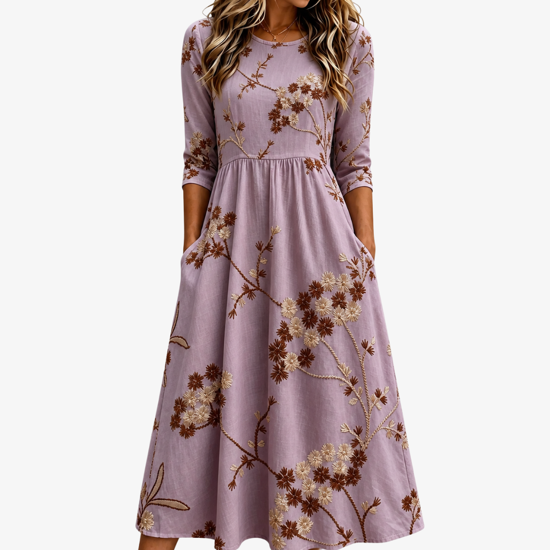 Heather Pradera Floral con Bolsillos Invisibles Vestido Midi