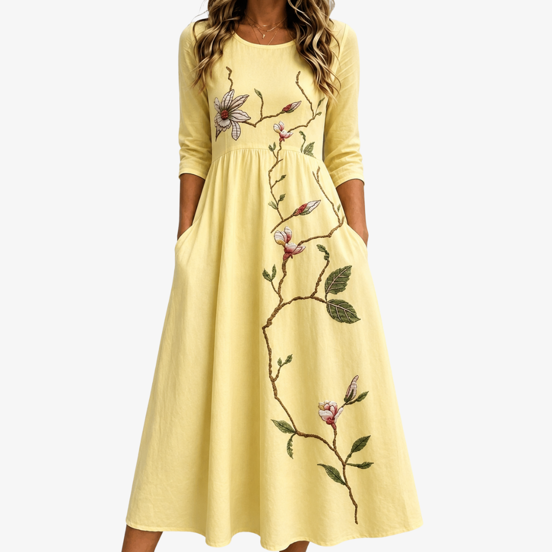 Aura Dorada Florentino con Bolsillos Invisibles Vestido Midi
