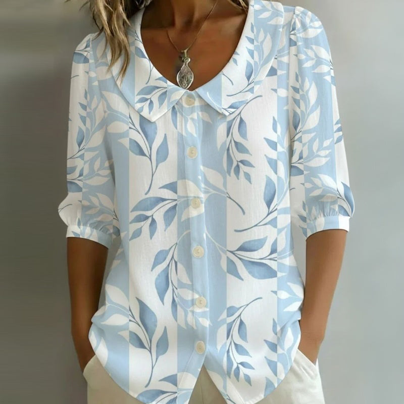 Lässige Blusa de Seda con Blättermuster