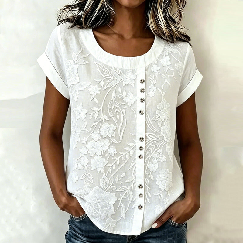 Lässige Blusa de Seda con Motivo Botánico