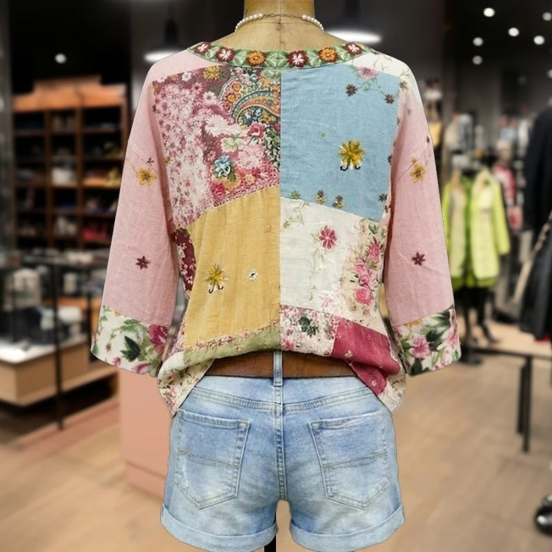 Blusa de Seda con Inspiración Vintage-Motivo Botánico