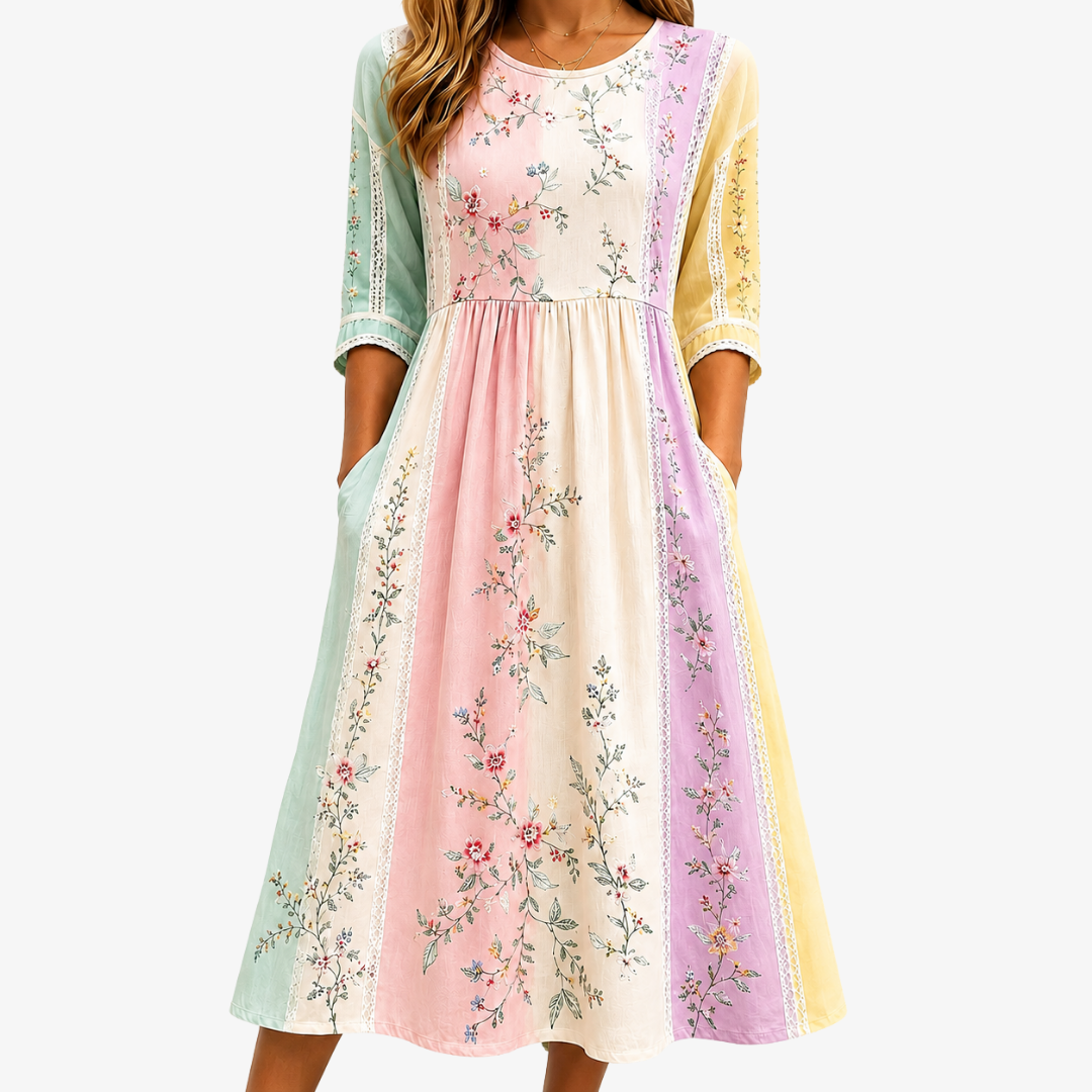 Pastel Jardín Botánico Panel con Bolsillos Invisibles Vestido Midi