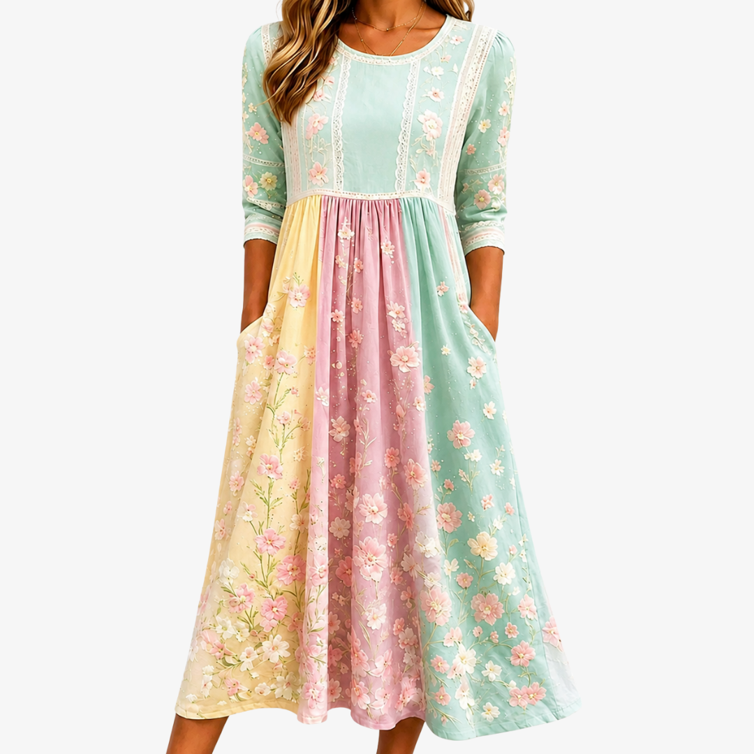 Spring Florentino Mosaico de Texturas con Bolsillos Invisibles Vestido Midi