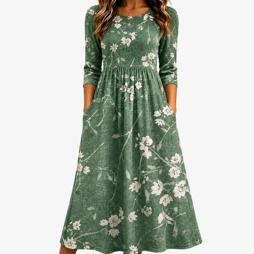 Evergreen en Flor Relaxed con Bolsillos Invisibles Vestido Midi