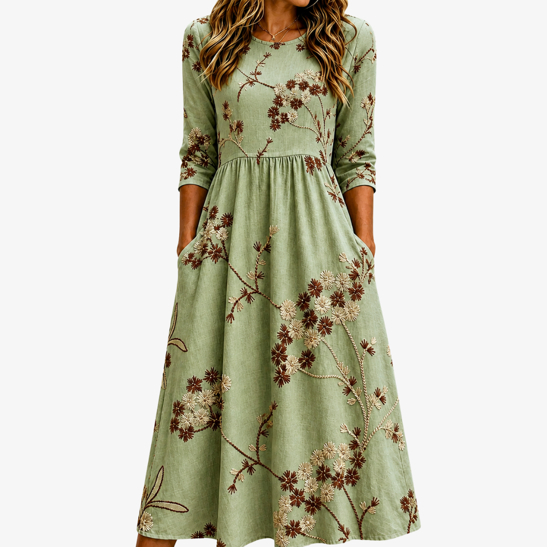 Verde Salvia Pradera Floral con Bolsillos Invisibles Vestido Midi