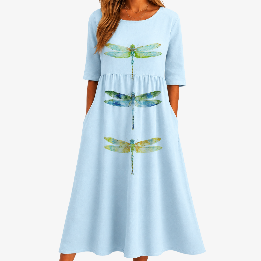 Azul Celeste Pradera Dragonfly con Bolsillos Invisibles Vestido Midi