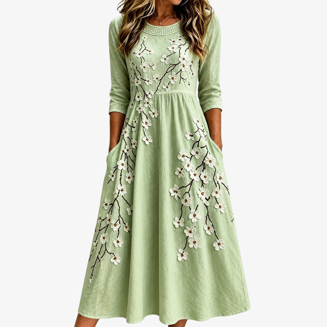 Verde Salvia Florentino Jardín Botánico con Bolsillos Invisibles Vestido Midi