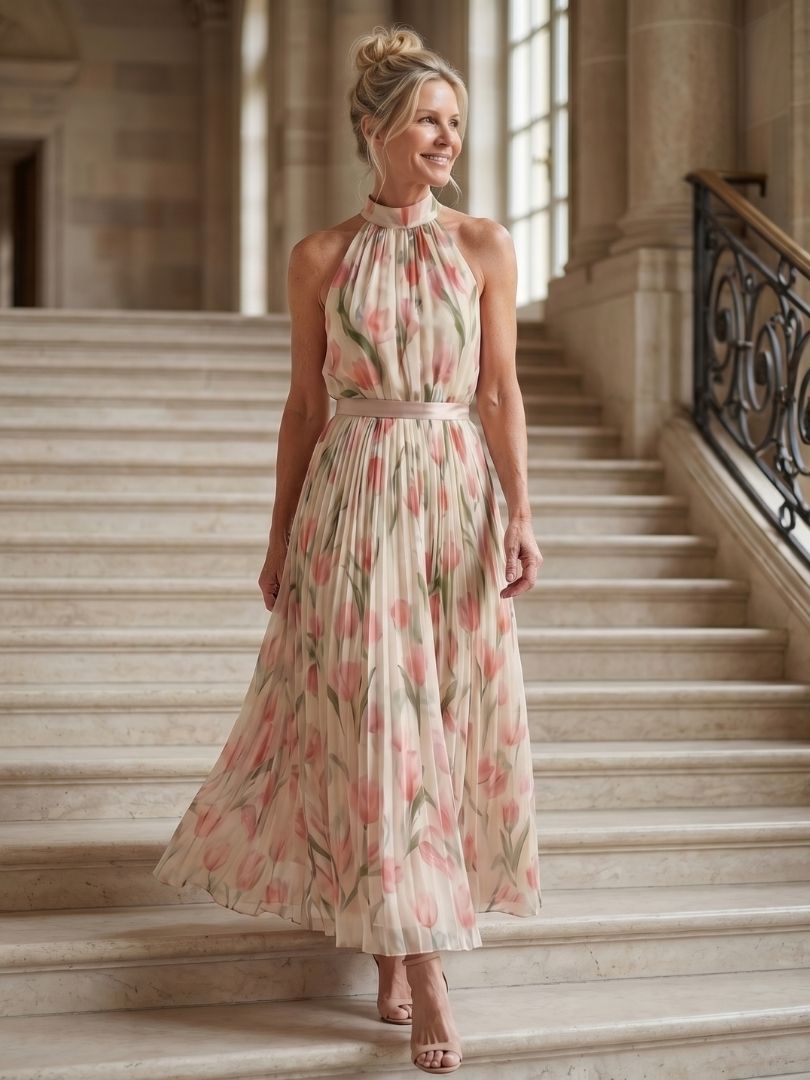 Aurelle | Halter Neck Floral Vestido Midi