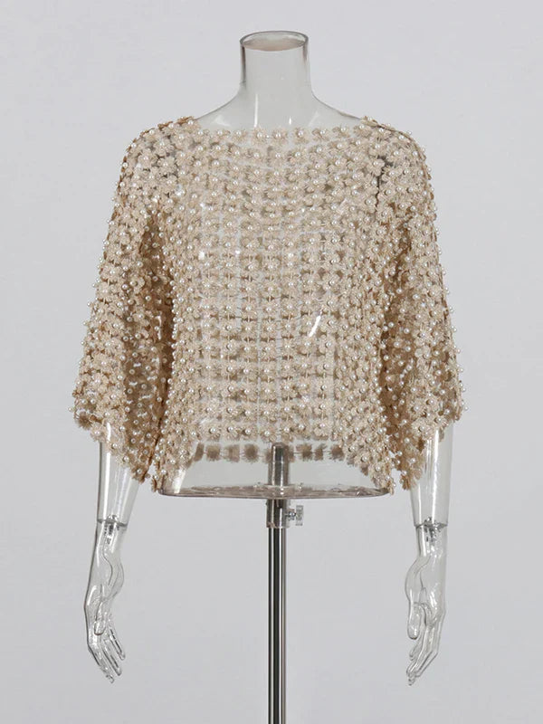 Hollow-Out Patchwork Pearl T-Shirt