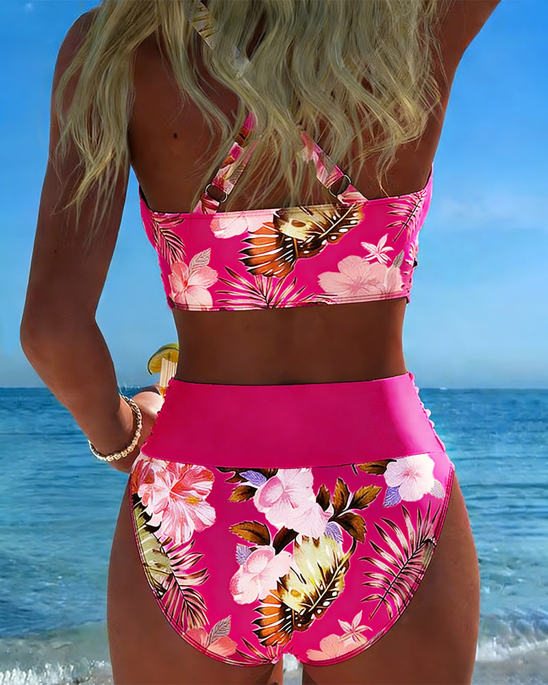 Hibiscus | Floral Crossed Bikini Haute con High Waisted Bottom
