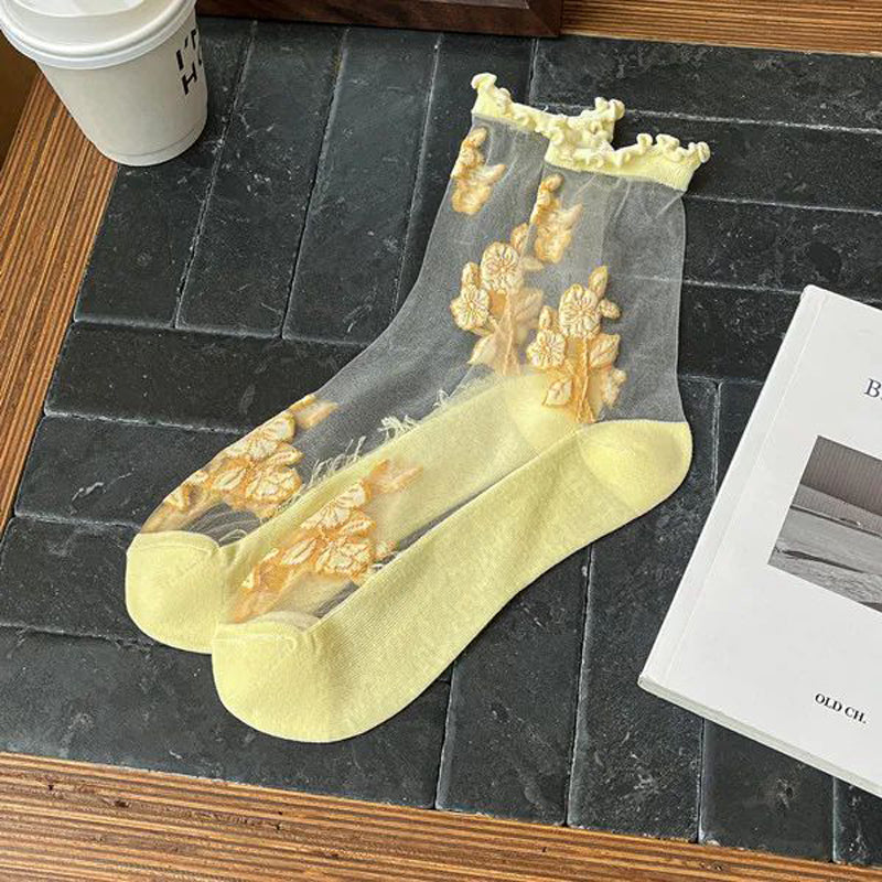 Atmungsaktive Calcetines de Hilo con Blumenstickerei