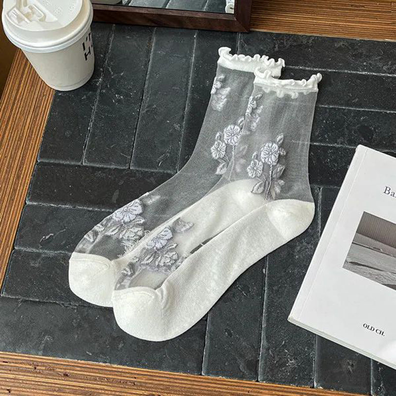 Atmungsaktive Calcetines de Hilo con Blumenstickerei