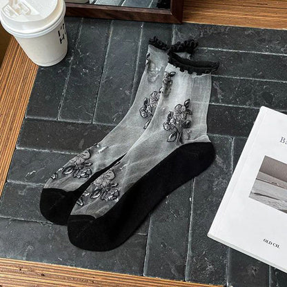 Atmungsaktive Calcetines de Hilo con Blumenstickerei
