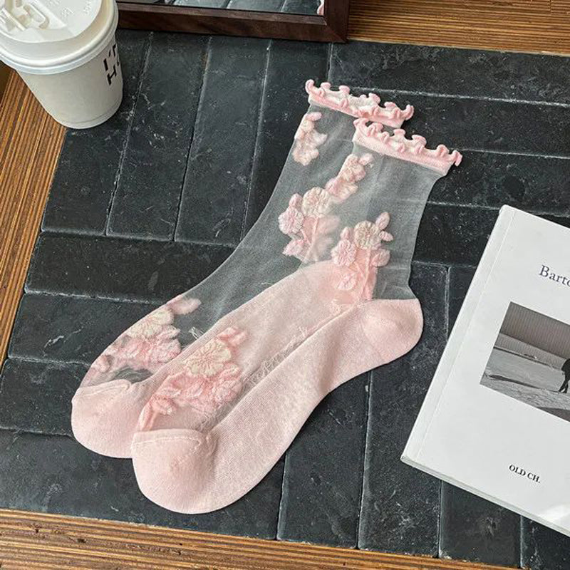 Atmungsaktive Calcetines de Hilo con Blumenstickerei