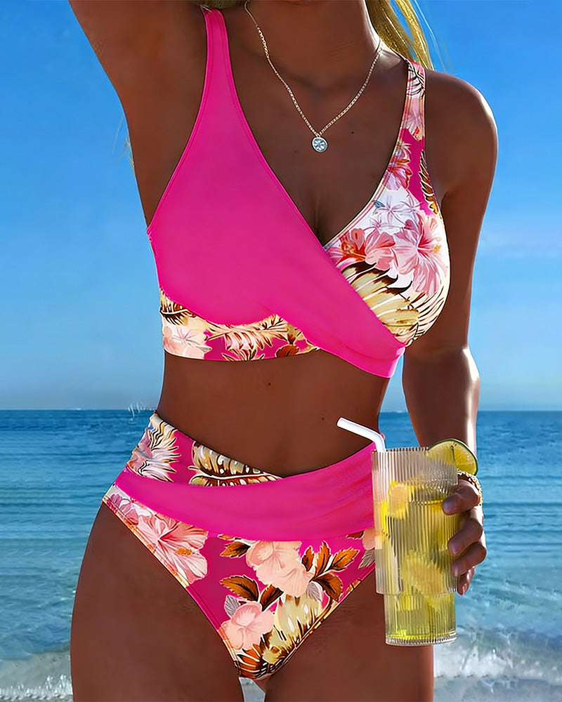 Hibiscus | Floral Crossed Bikini Haute con High Waisted Bottom