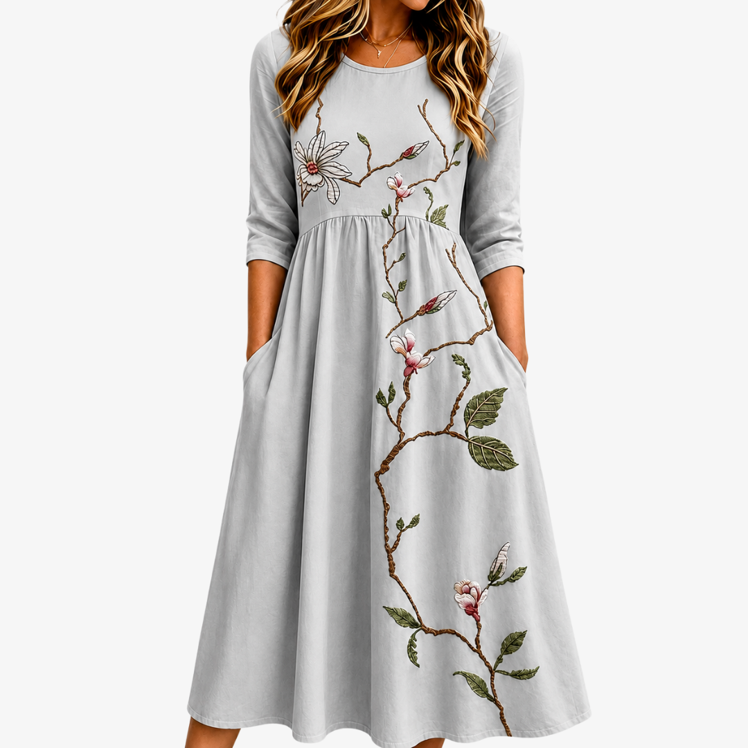 Destello Plateado Pradera Florentino con Bolsillos Invisibles Vestido Midi
