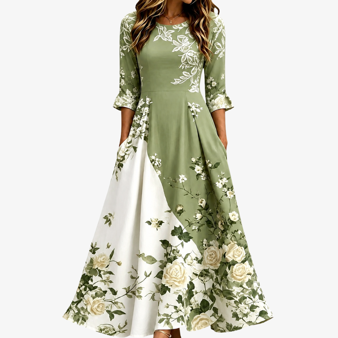 Verde Salvia Jardín Botánico Rose con Bolsillos Invisibles Vestido Maxi