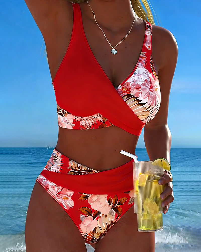 Hibiscus | Floral Crossed Bikini Haute con High Waisted Bottom