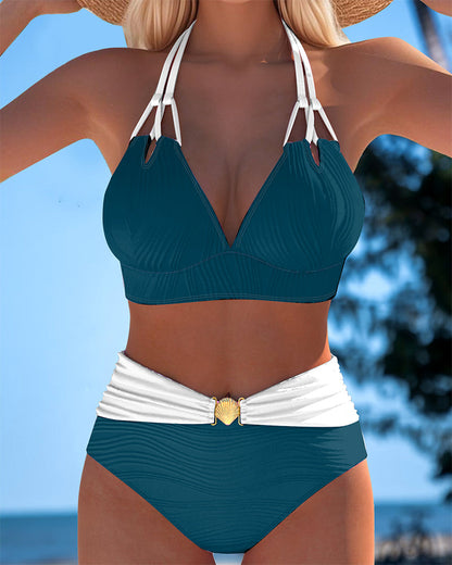 Coral | Bicolor Halter Bikini Haute con Shell Detail