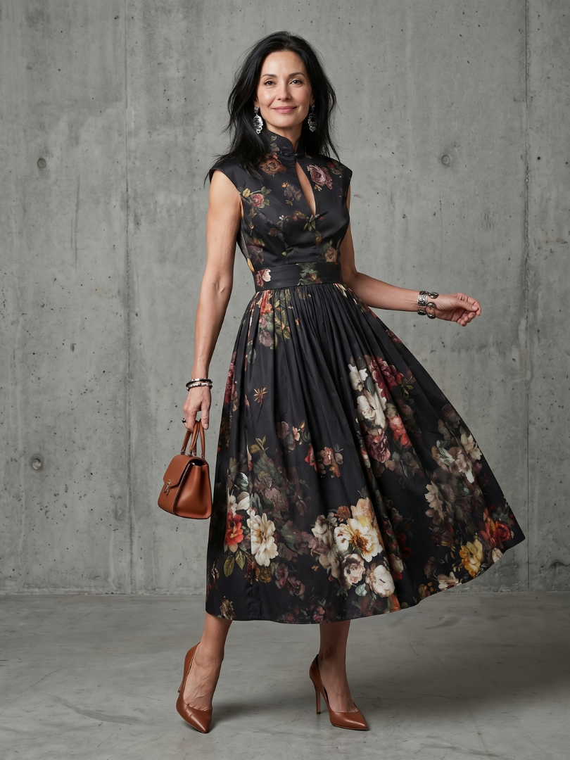Greta | High Neck Keyhole Floral Pleated Vestido Midi