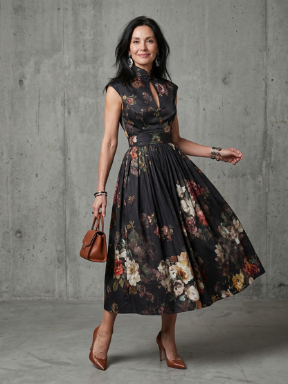 Greta | High Neck Keyhole Floral Pleated Vestido Midi