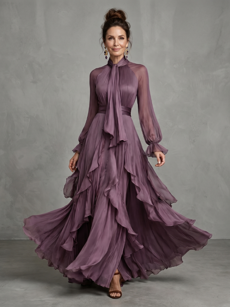 Demetria | Tie Neck Ruffle Tiered Vestido Maxi