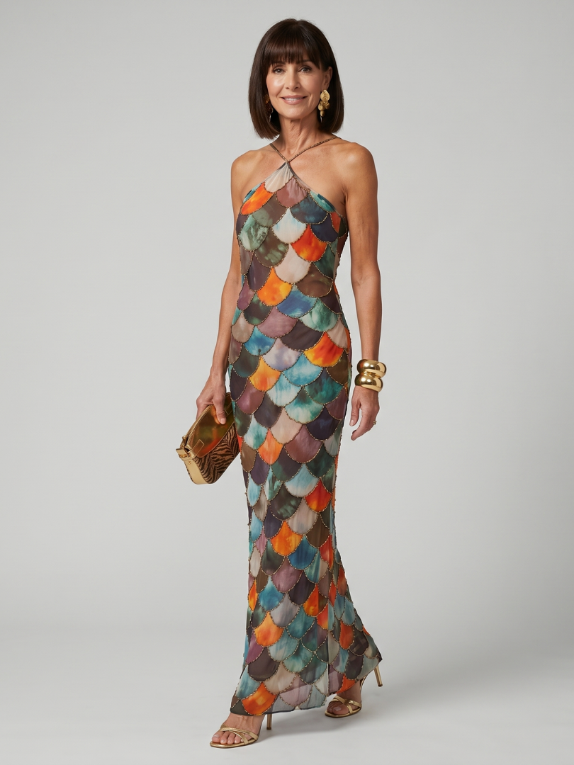 Larkin | Fitted Multicolor Scale Pattern Vestido Maxi