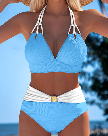 Coral | Bicolor Halter Bikini Haute con Shell Detail