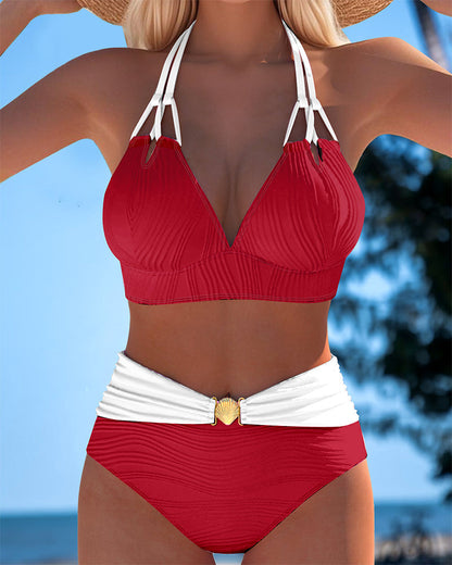 Coral | Bicolor Halter Bikini Haute con Shell Detail
