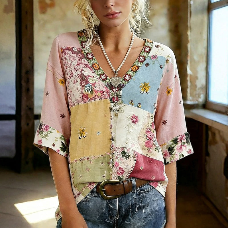 Blusa de Seda con Inspiración Vintage-Motivo Botánico