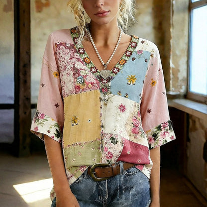 Blusa de Seda con Inspiración Vintage-Motivo Botánico