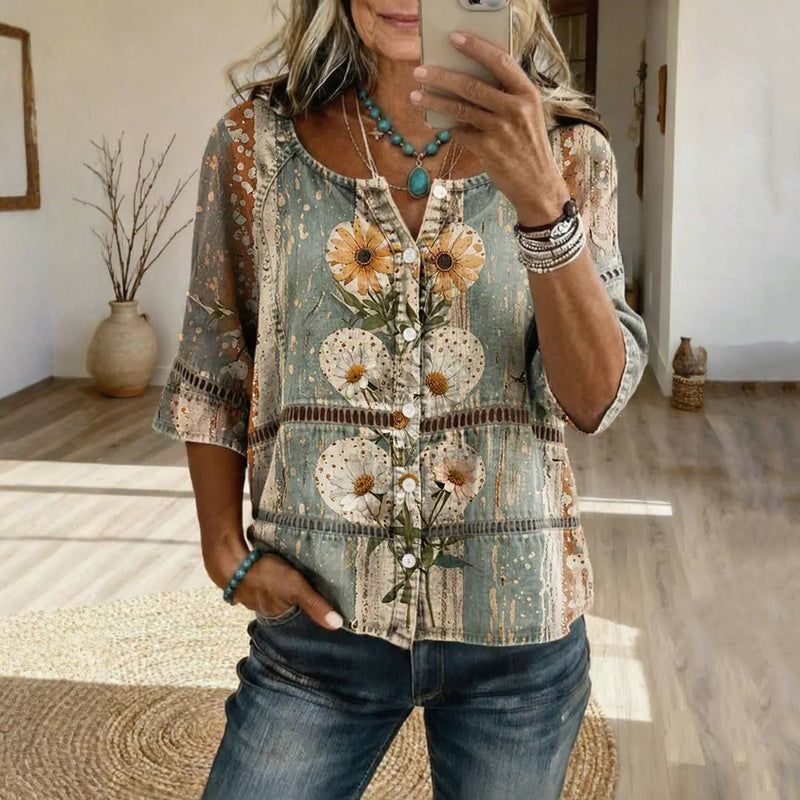 Inspiración Vintage-Blusa de Seda con Motivo Botánico
