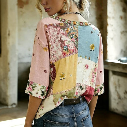 Blusa de Seda con Inspiración Vintage-Motivo Botánico