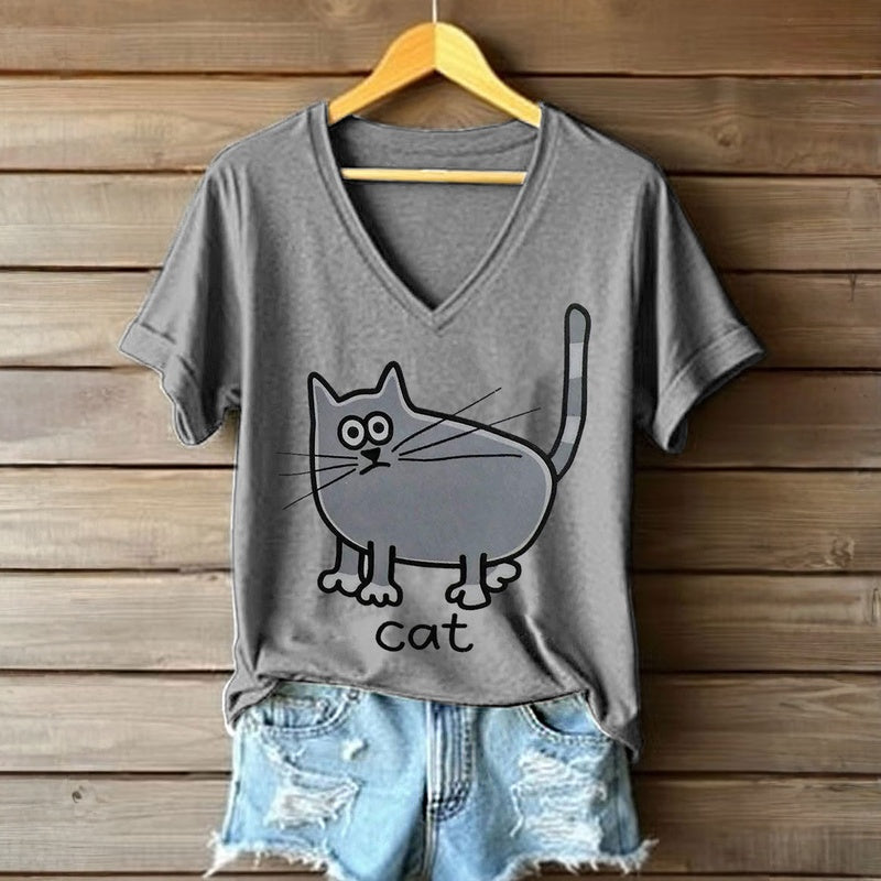 Casual Refinado Camiseta Premium Cotton con Ilustración Felina