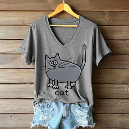 Casual Refinado Camiseta Premium Cotton con Ilustración Felina