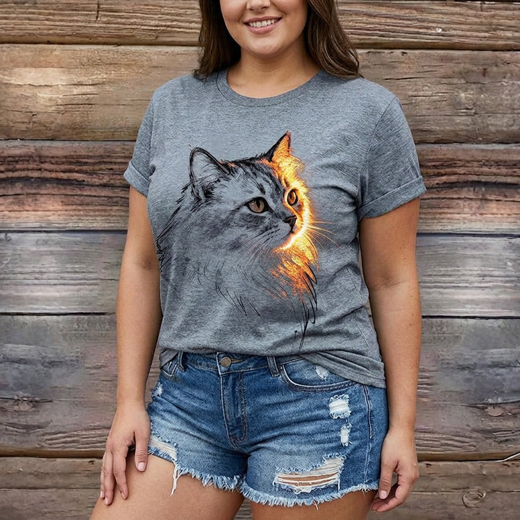 Mia | Casual Refinado Cat Print T-Camisa