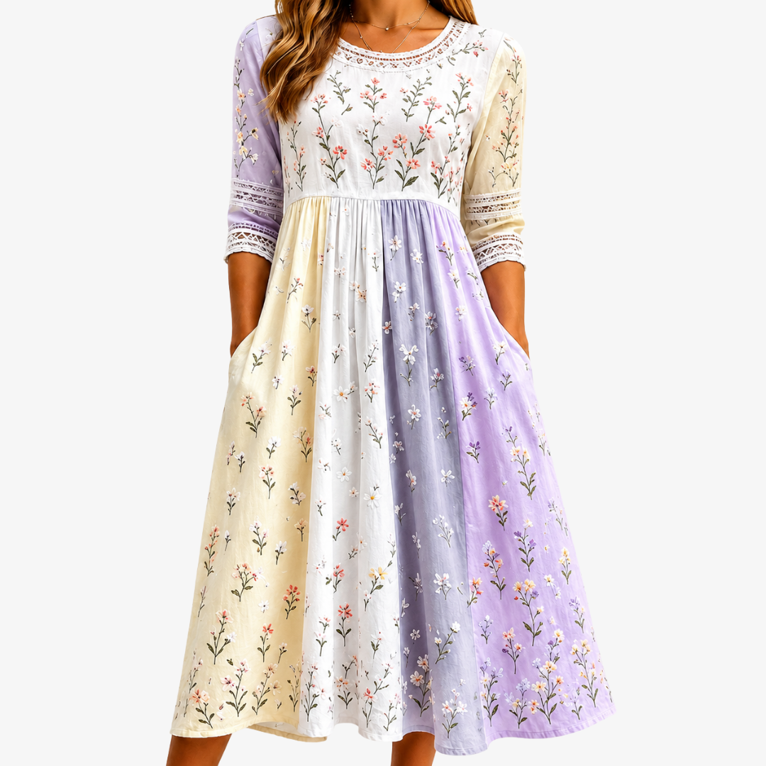 Lavanda Pradera Mosaico de Texturas Vestido Midi