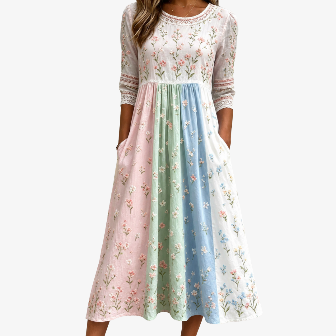 Pastel Pradera Floral con Bolsillos Invisibles Vestido Midi
