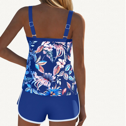 Flora | Floral Tankini Premium con Solid Bermudas