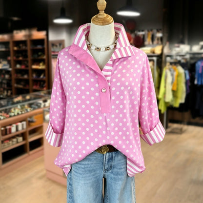 Lässige Blusa de Seda con Punkten Und Streifen
