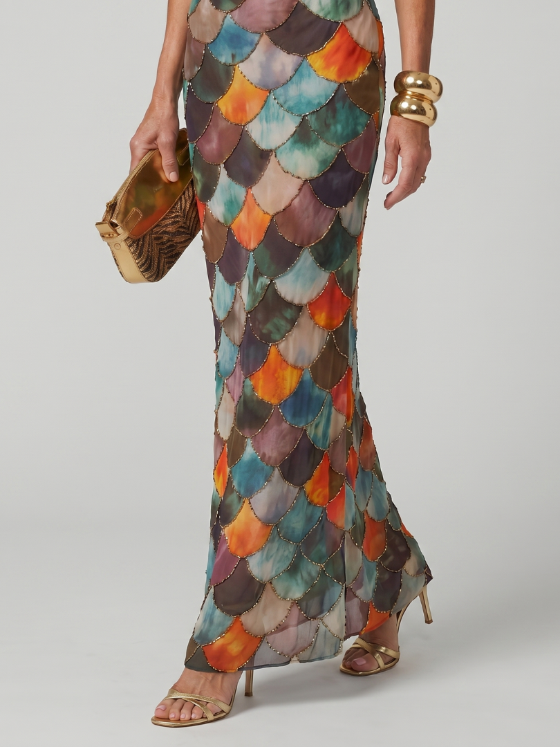 Larkin | Fitted Multicolor Scale Pattern Vestido Maxi