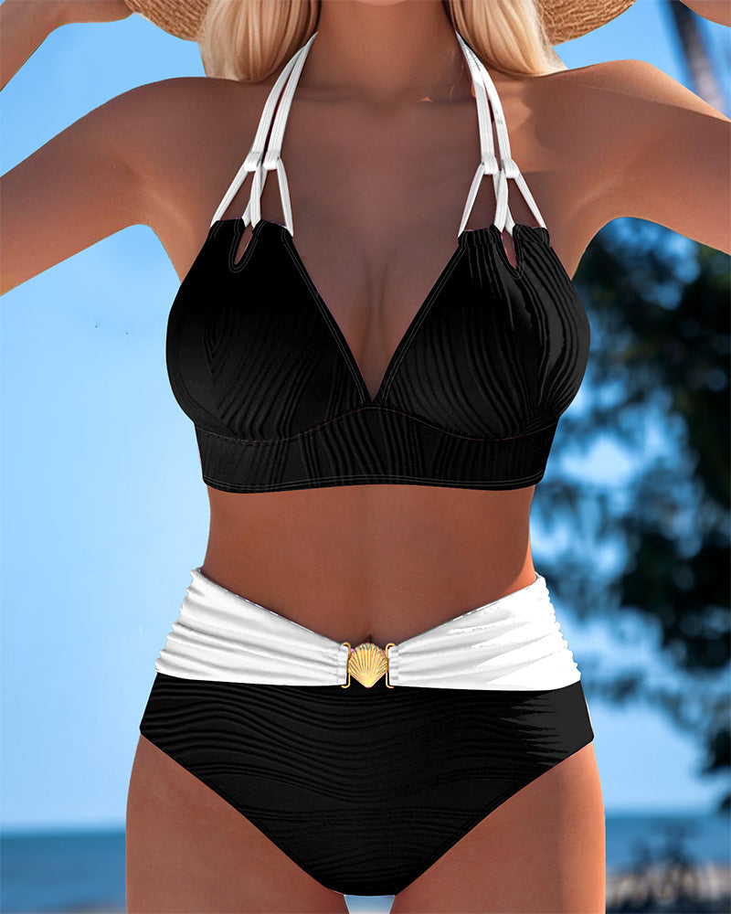 Coral | Bicolor Halter Bikini Haute con Shell Detail