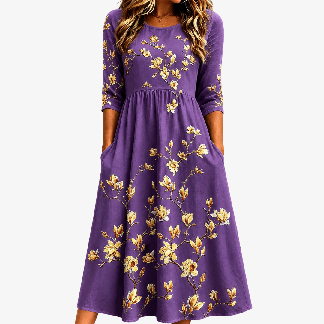 Aura Dorada Magnolia Charm con Bolsillos Invisibles Vestido Midi