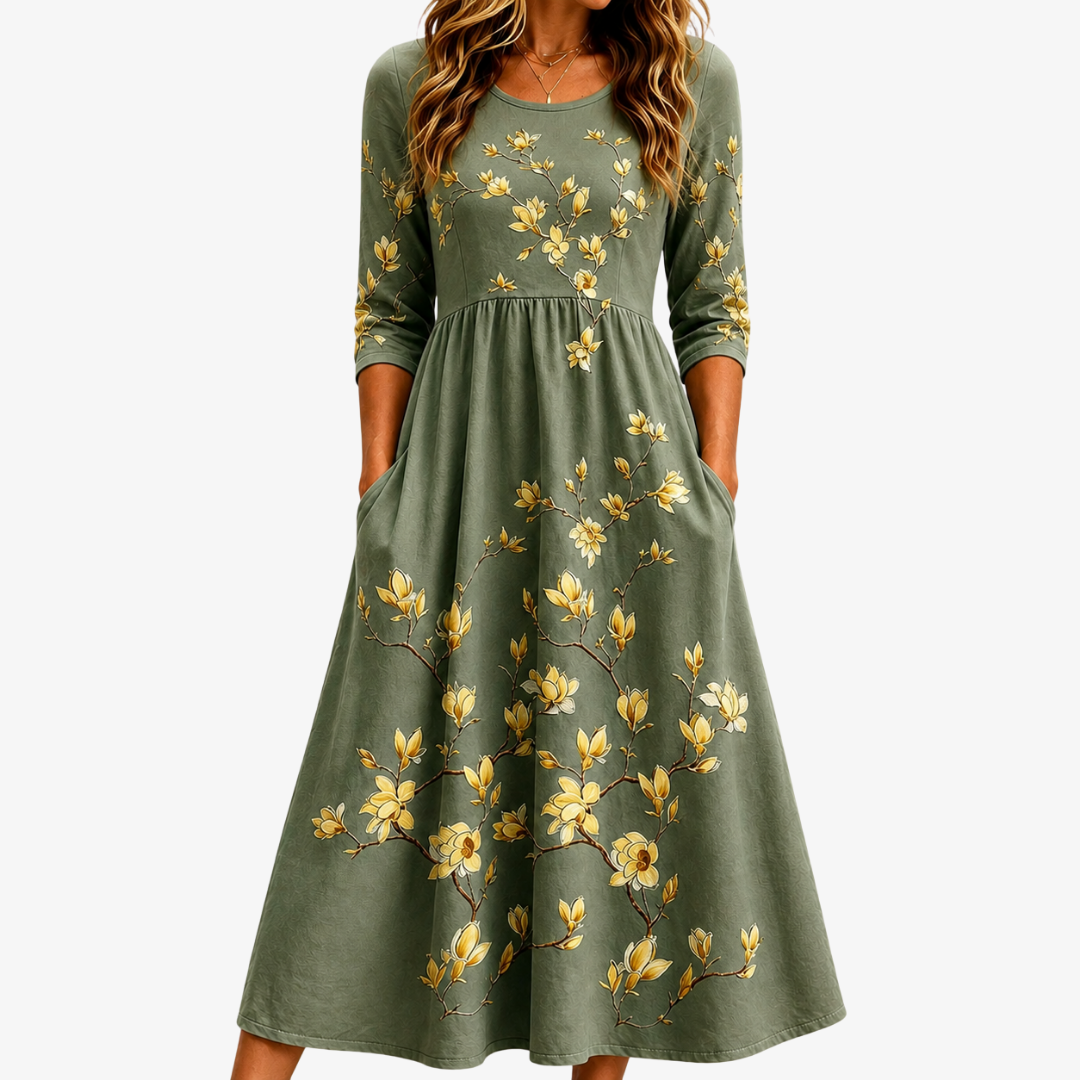 Verde Salvia Florentino Alta Gracia con Bolsillos Invisibles Vestido Midi