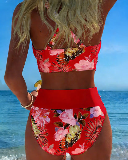 Hibiscus | Floral Crossed Bikini Haute con High Waisted Bottom