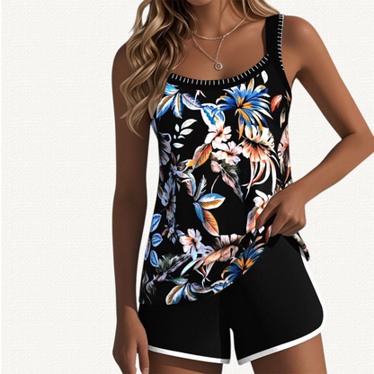 Flora | Floral Tankini Premium con Solid Bermudas