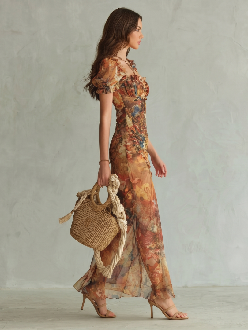Ciel | Ruffled Sleeve Ruched Slit Vestido Midi