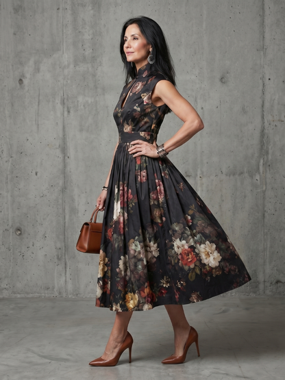 Greta | High Neck Keyhole Floral Pleated Vestido Midi