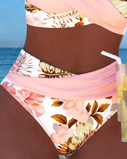 Hibiscus | Floral Crossed Bikini Haute con High Waisted Bottom